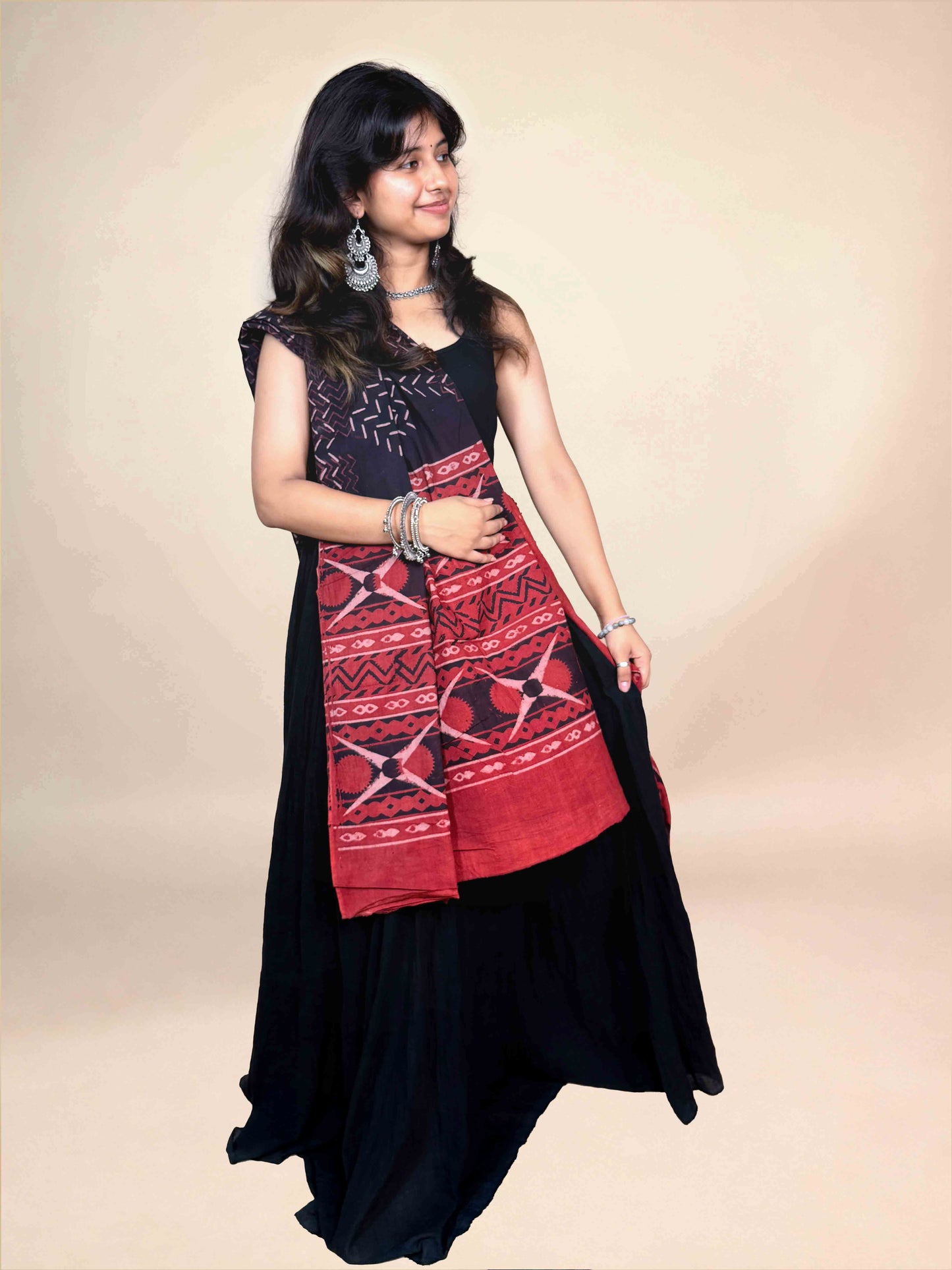 Black And Maroon Handblock Printed Cotton Dupatta