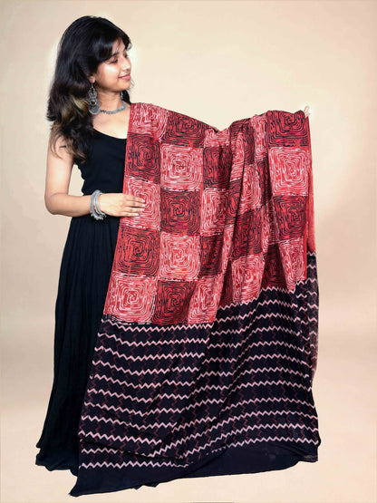 Black And Maroon Handblock Printed Cotton Dupatta