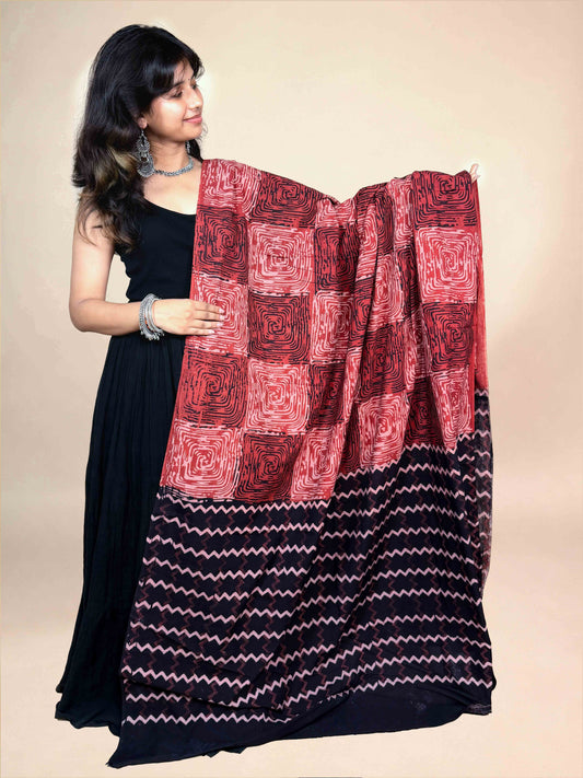 Black And Maroon Handblock Printed Cotton Dupatta