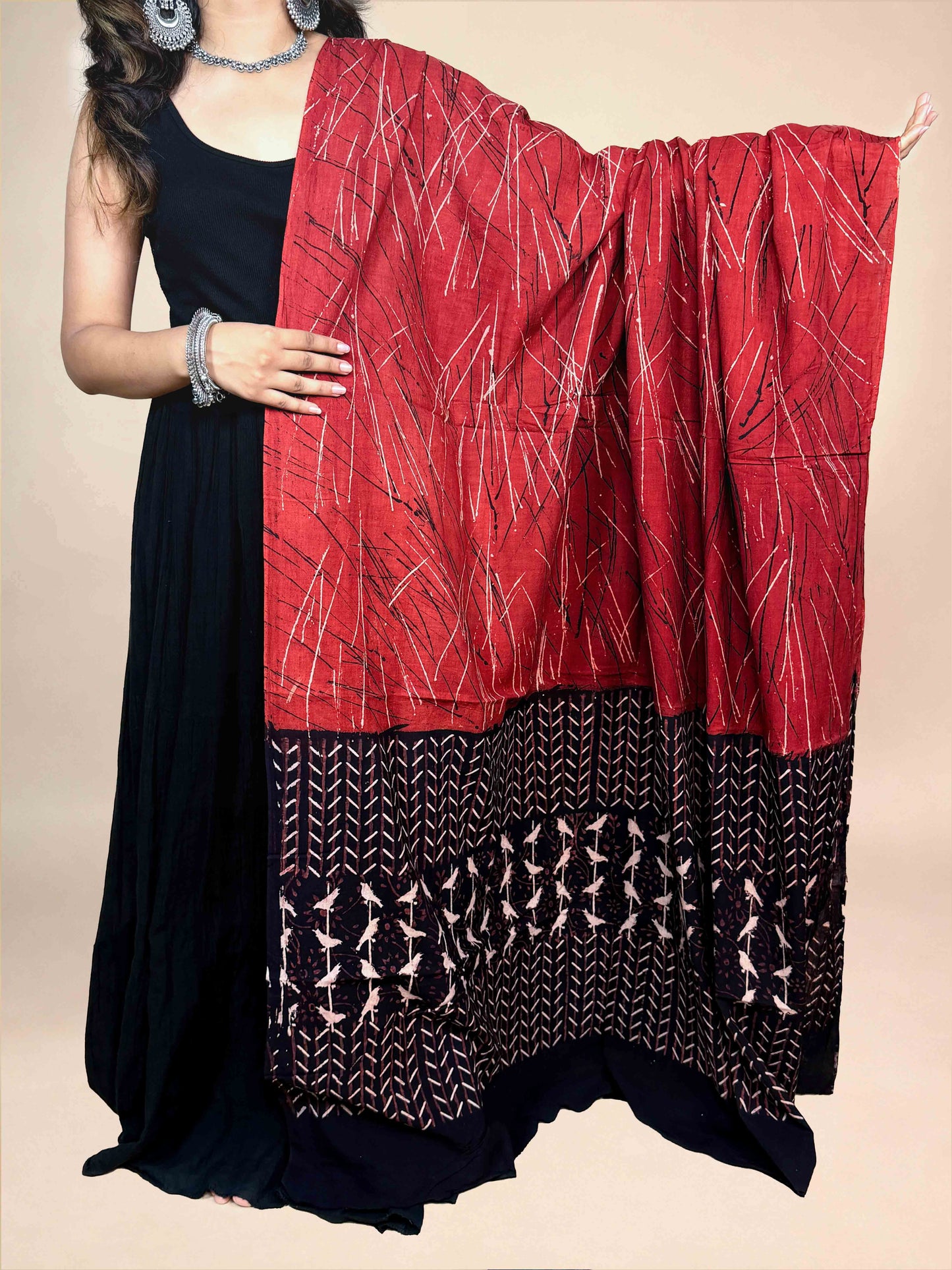 Black And Maroon Handblock Printed Cotton Dupatta