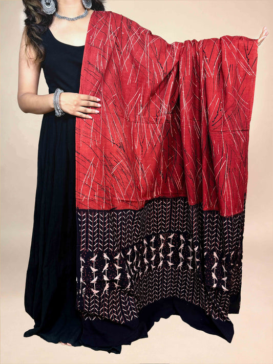 Black And Maroon Handblock Printed Cotton Dupatta