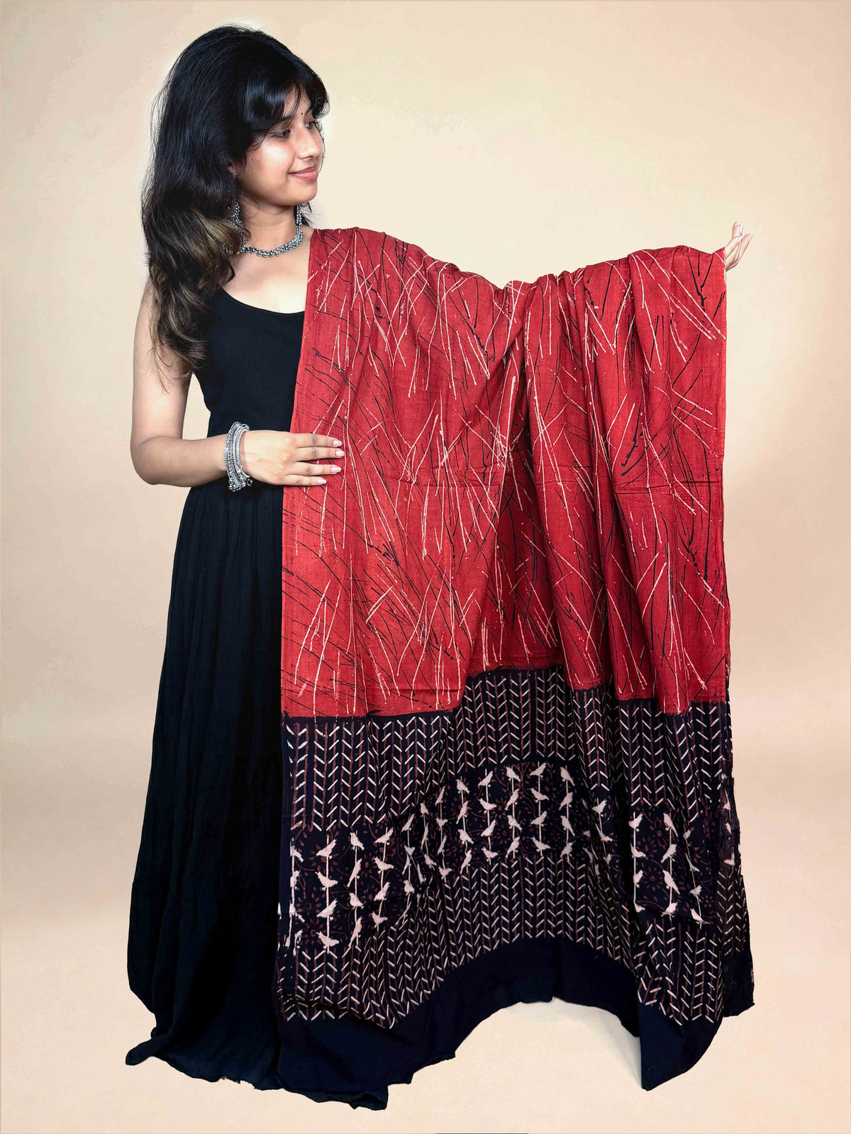 Black And Maroon Handblock Printed Cotton Dupatta