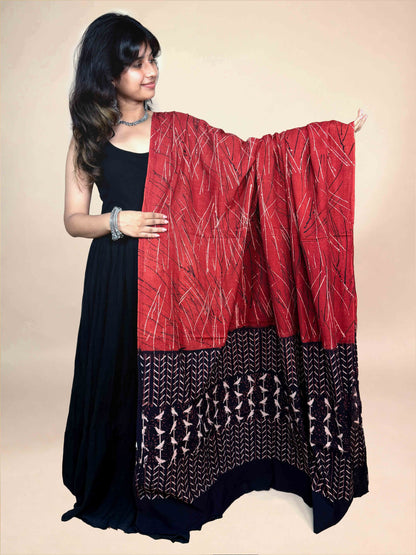 Black And Maroon Handblock Printed Cotton Dupatta