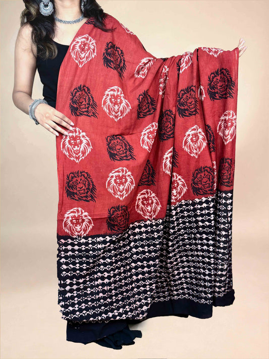 Black And Maroon Handblock Printed Cotton Dupatta