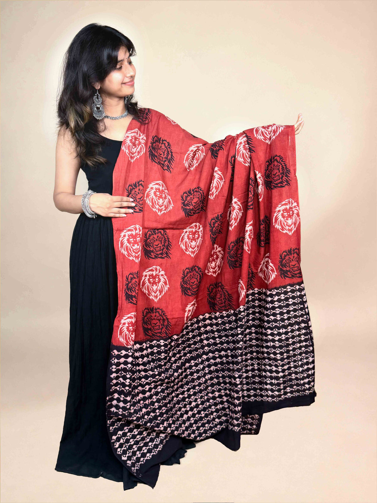Black And Maroon Handblock Printed Cotton Dupatta