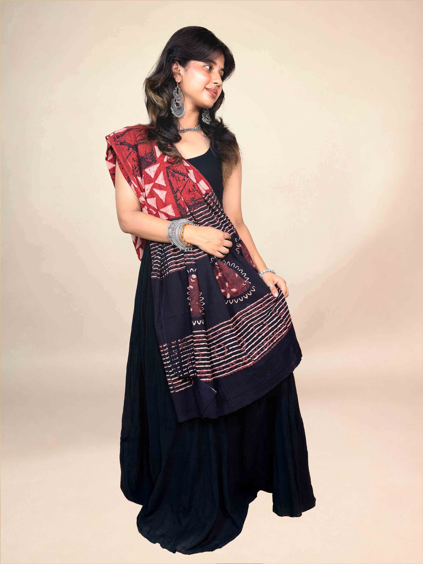Black And Maroon Handblock Printed Cotton Dupatta