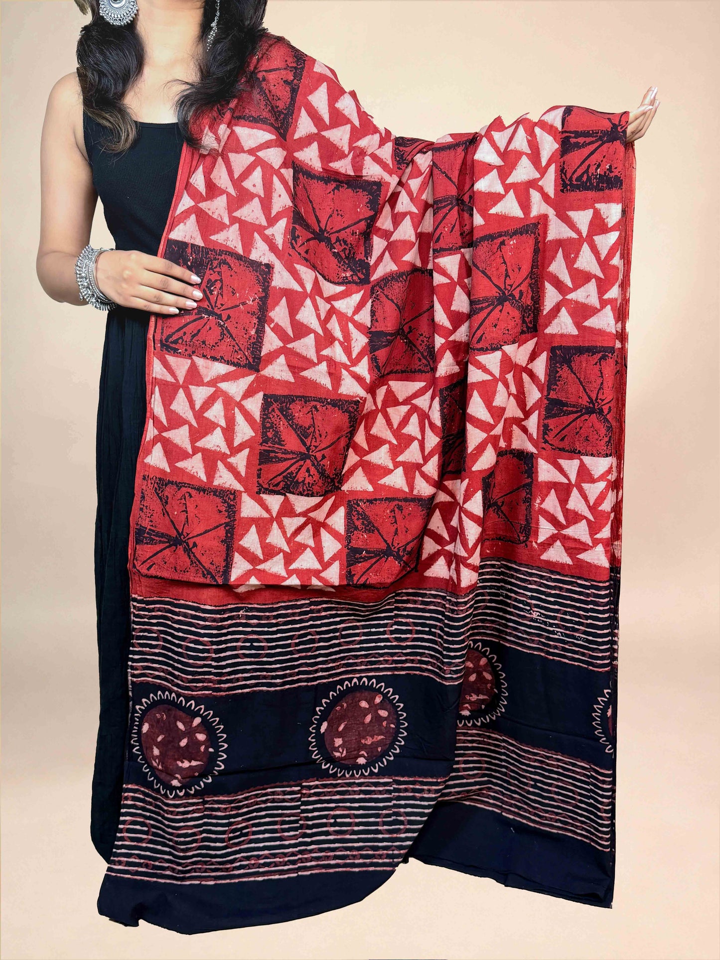 Black And Maroon Handblock Printed Cotton Dupatta