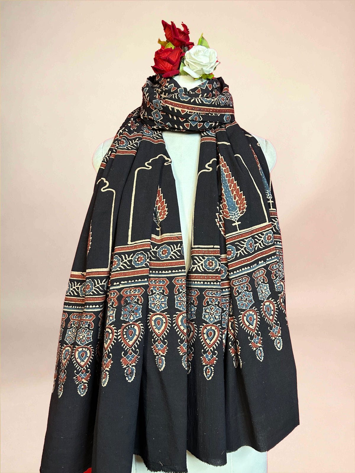 Black Ajarkh Cotton Handblock Printed Dupatta