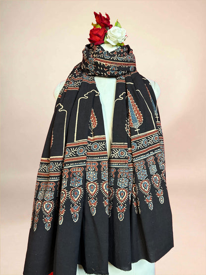 Black Ajarkh Cotton Handblock Printed Dupatta