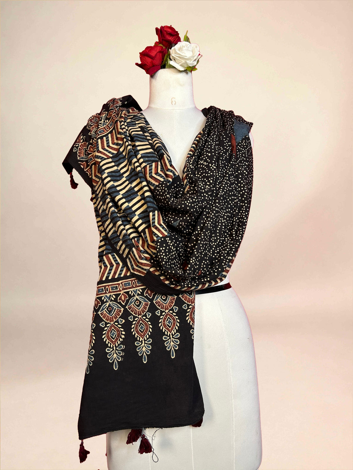 Black Ajarkh Cotton Handblock Printed Dupatta