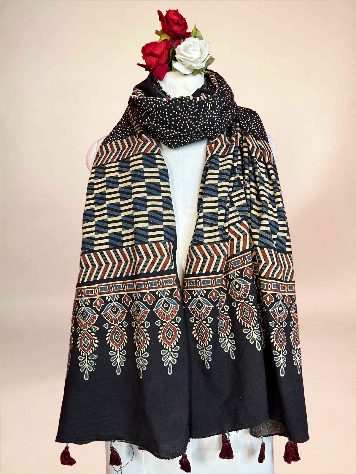 Black Ajarkh Cotton Handblock Printed Dupatta