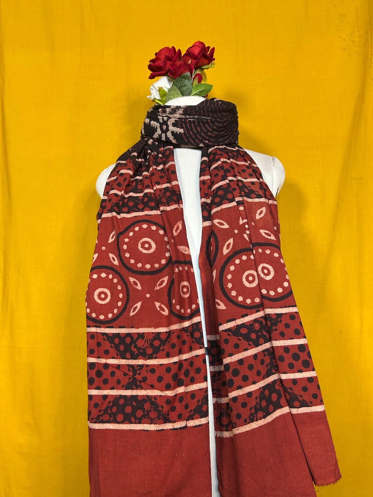 Black And Maroon Handblock Printed Cotton Dupatta