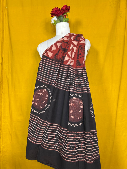 Black And Maroon Handblock Printed Cotton Dupatta