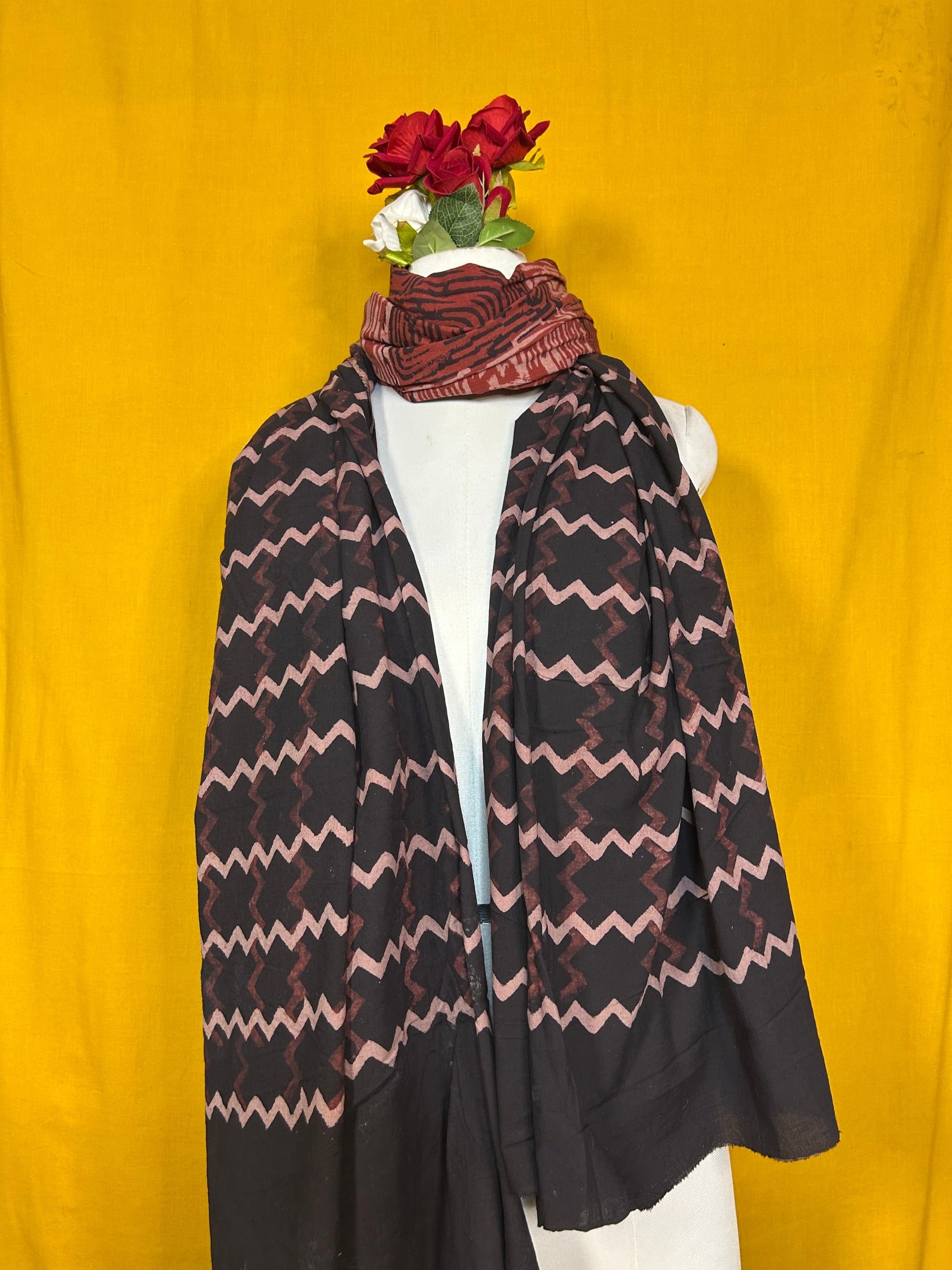 Black and Maroon Handblock Printed Cotton Dupatta for Women