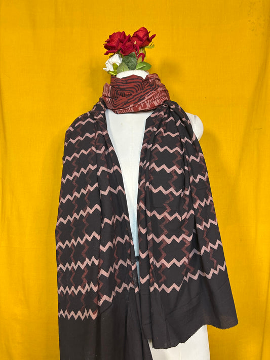 Black and Maroon Handblock Printed Cotton Dupatta for Women