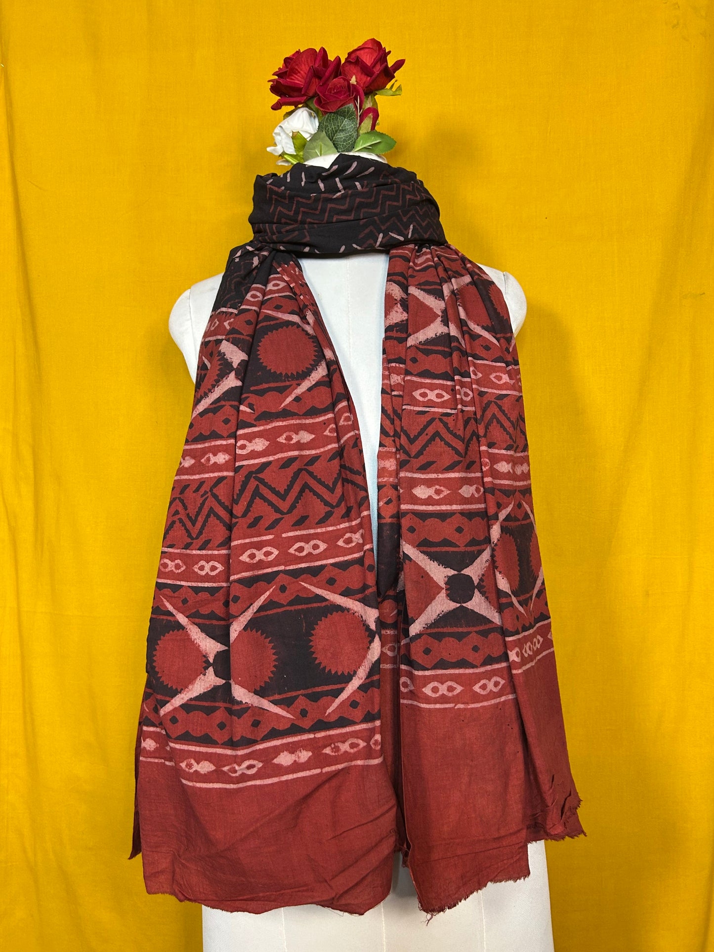 Black and Maroon Handblock Printed Cotton Dupatta with Traditional Motif