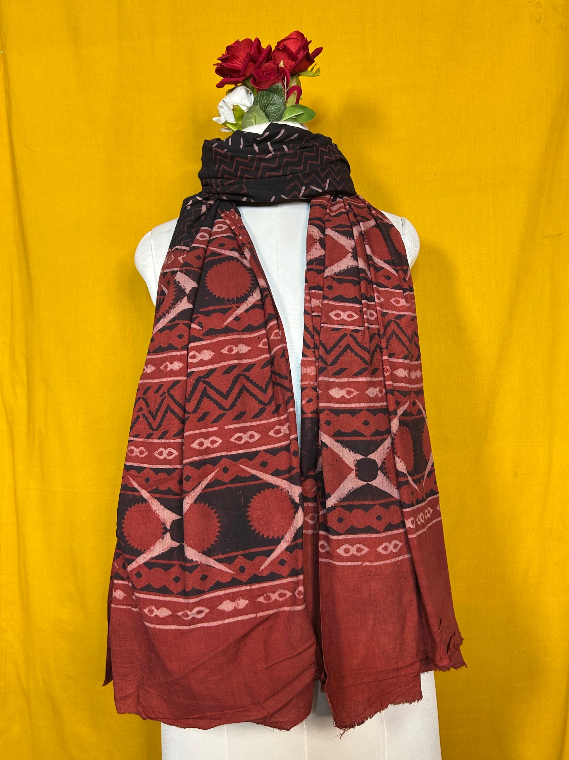 Black and Maroon Handblock Printed Cotton Dupatta with Traditional Motif