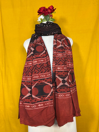 Black and Maroon Handblock Printed Cotton Dupatta with Traditional Motif