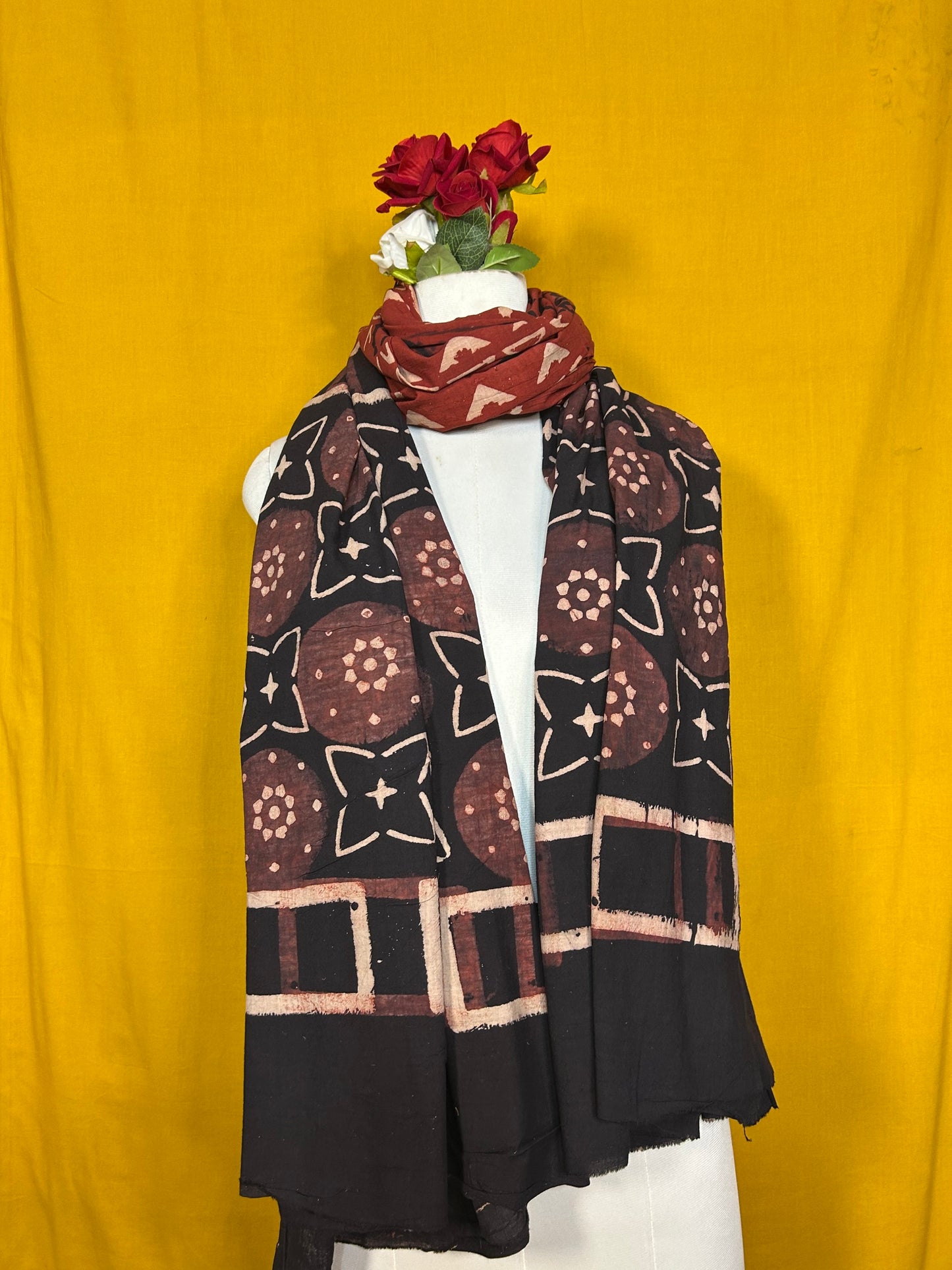 Black and Maroon Handblock Printed Cotton Dupatta for Women