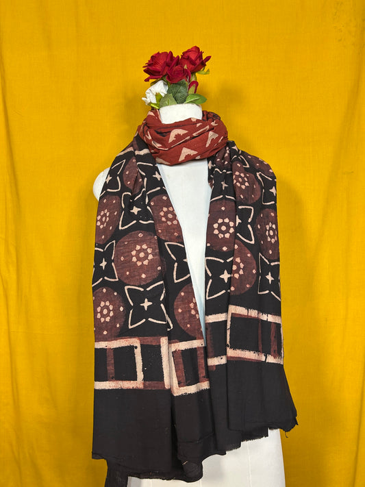 Black and Maroon Handblock Printed Cotton Dupatta for Women