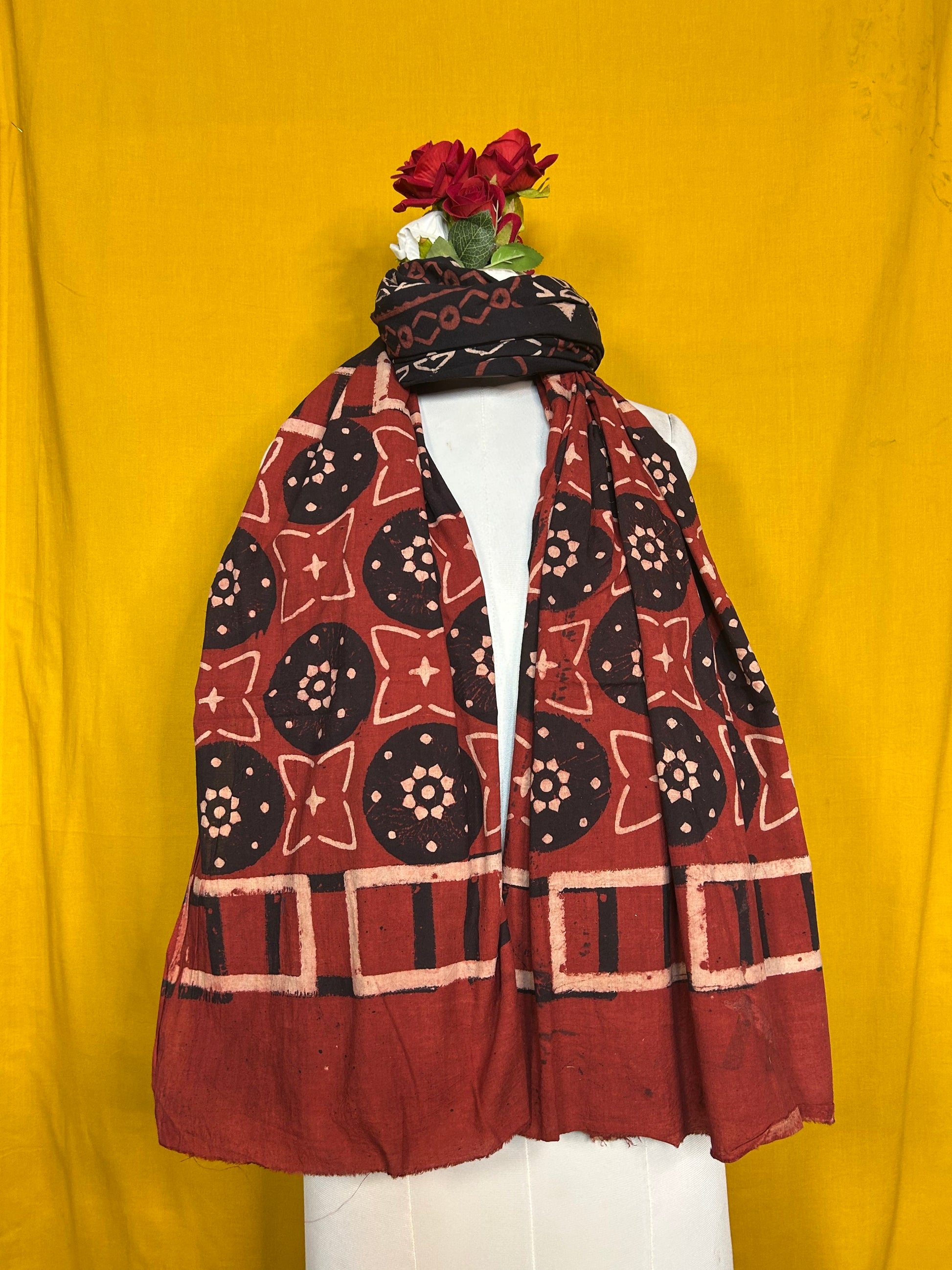 Black and Maroon Cotton Dupatta with Ethnic Handblock Print Pattern