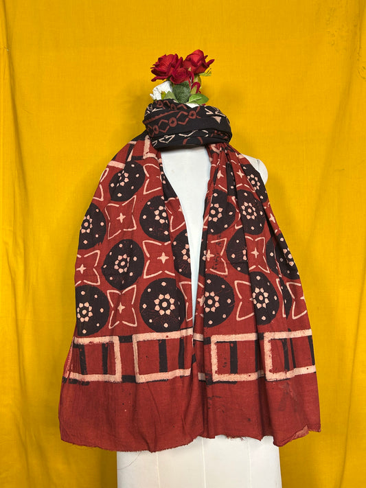 Black and Maroon Cotton Dupatta with Ethnic Handblock Print Pattern