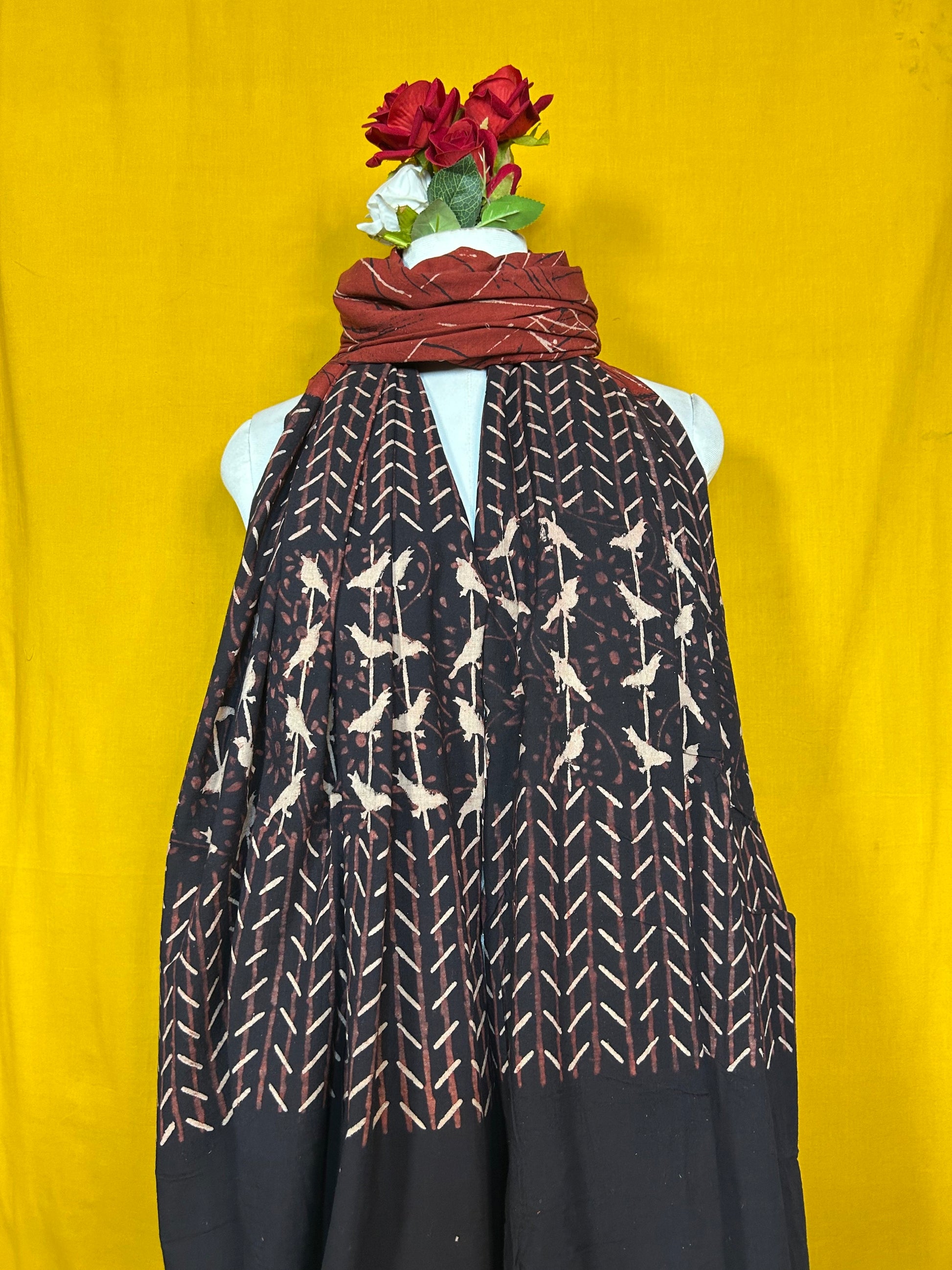Black and Maroon Handblock Printed Cotton Dupatta for Women