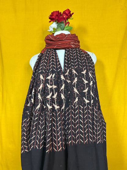 Black and Maroon Handblock Printed Cotton Dupatta for Women