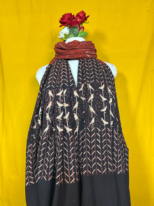 Black and Maroon Handblock Printed Cotton Dupatta for Women