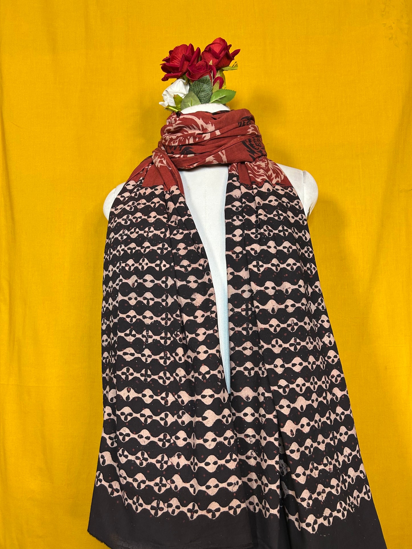Black And Maroon Handblock Printed Cotton Dupatta