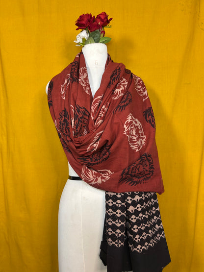 Black And Maroon Handblock Printed Cotton Dupatta