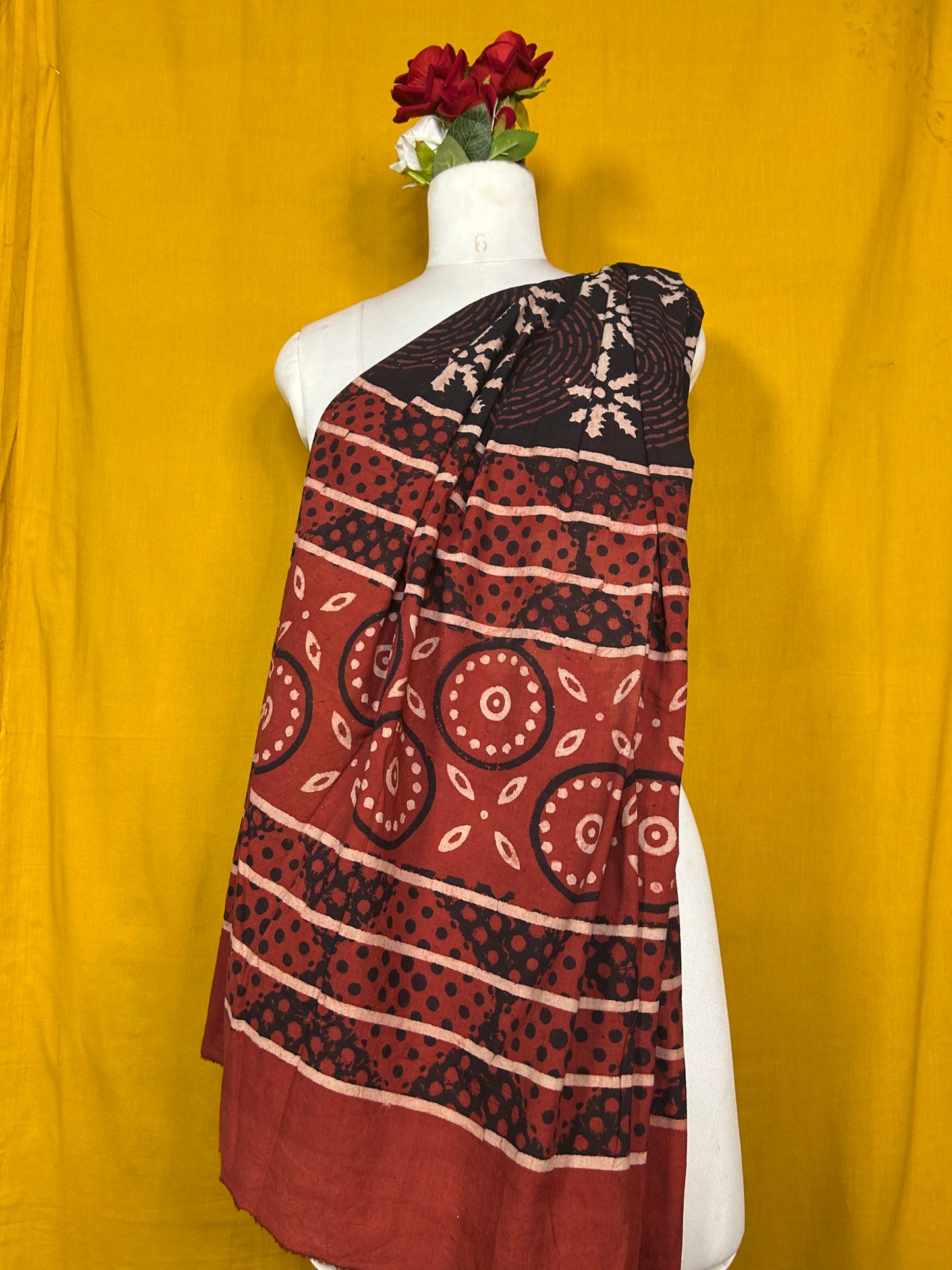 Black And Maroon Handblock Printed Cotton Dupatta