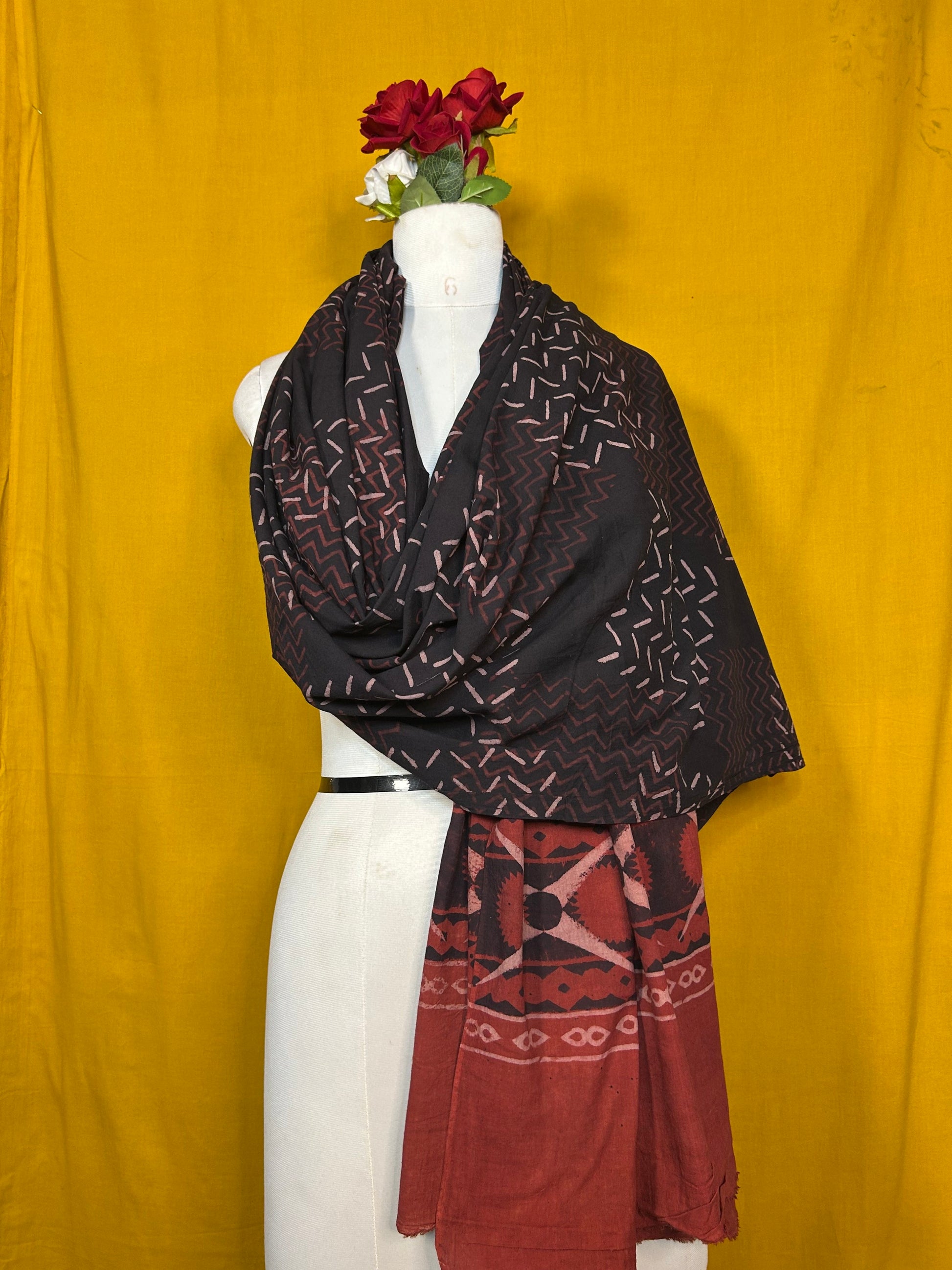 Black and Maroon Handblock Printed Cotton Dupatta with Traditional Motif