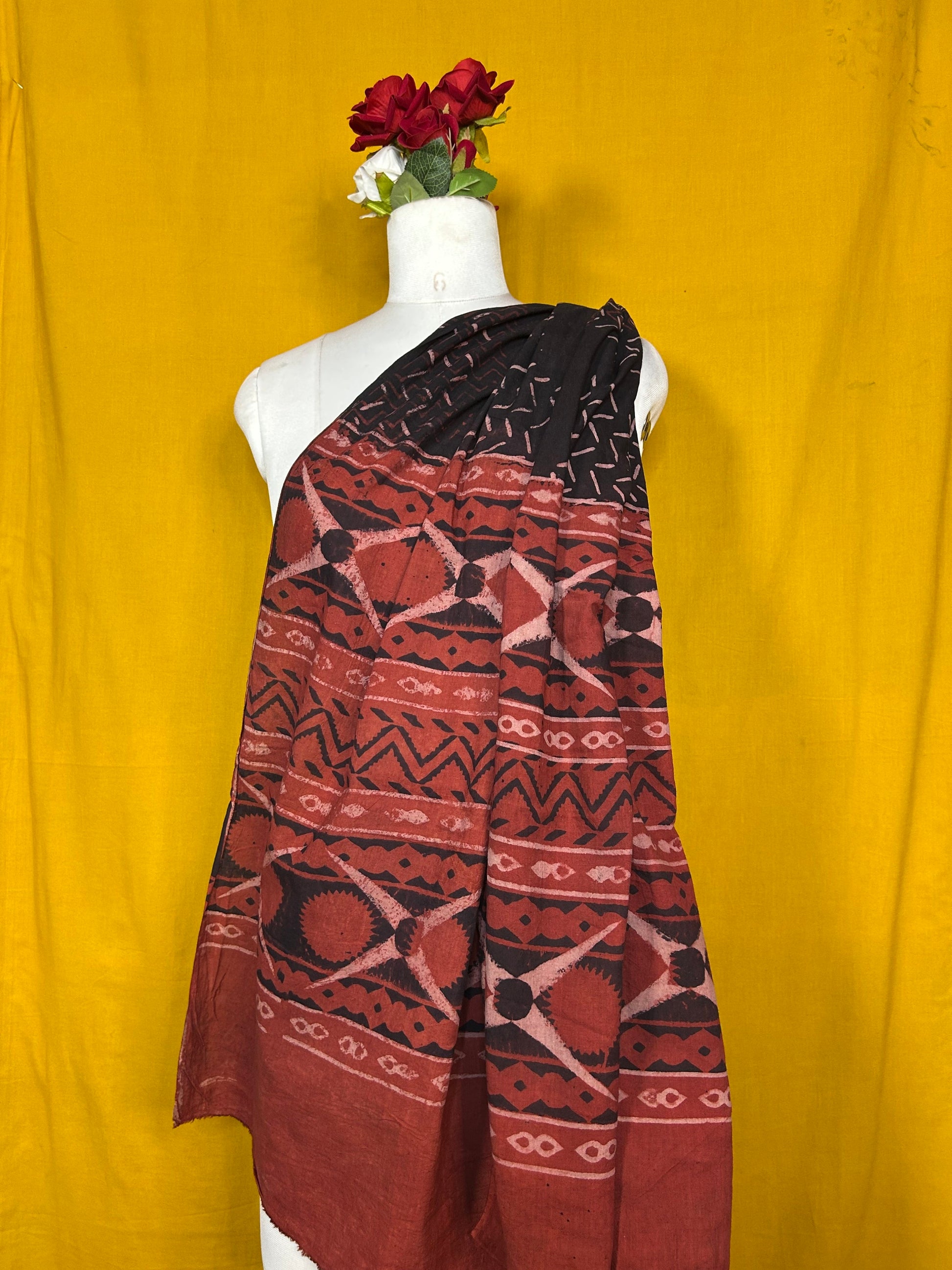 Black and Maroon Cotton Dupatta with Geometric Print