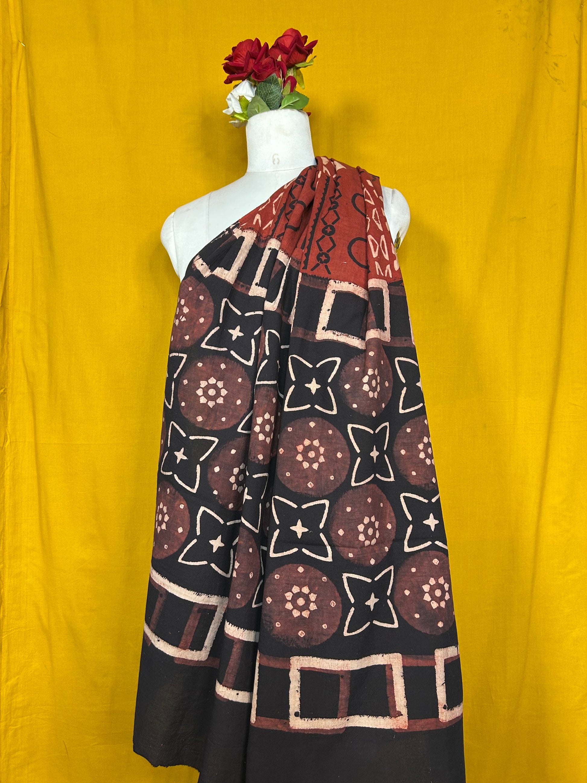 Black and Maroon Cotton Dupatta with Traditional Motif