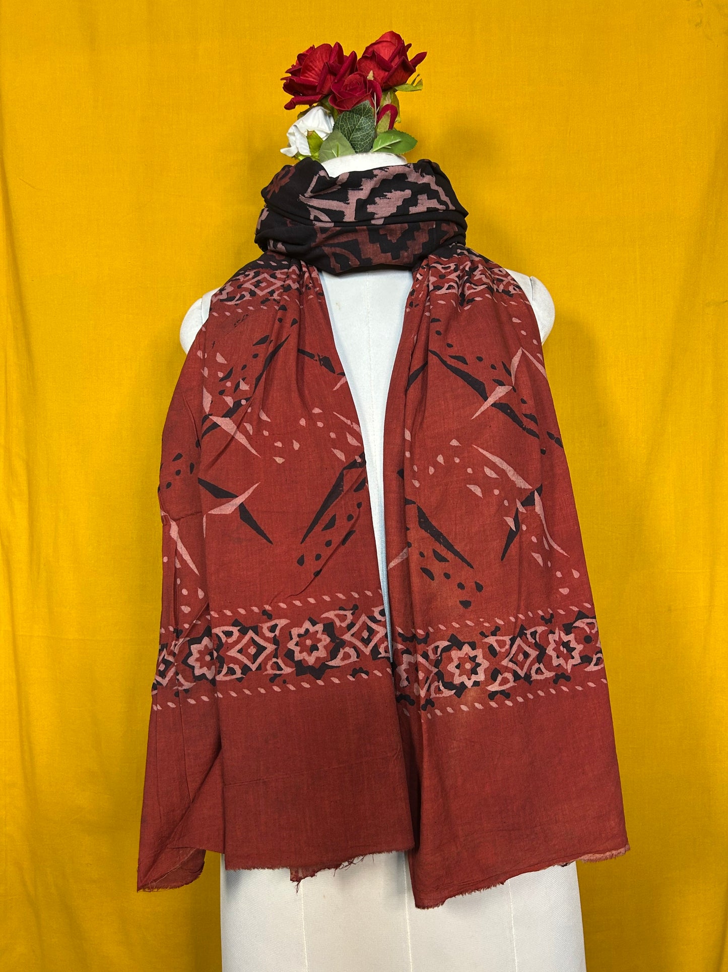 Black and Maroon Handblock Printed Cotton Dupatta with Floral Design