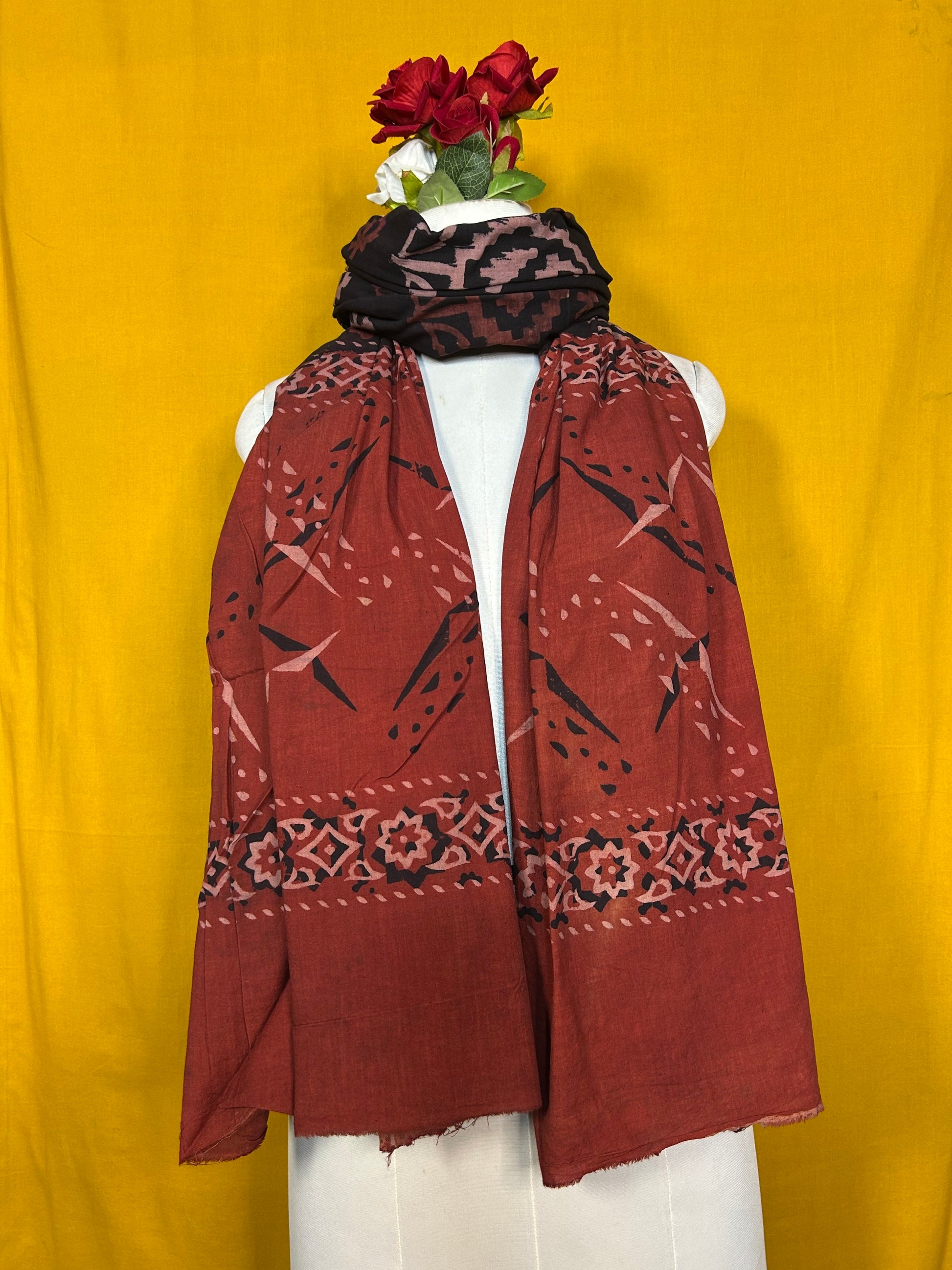 Black and Maroon Handblock Printed Cotton Dupatta with Floral Design
