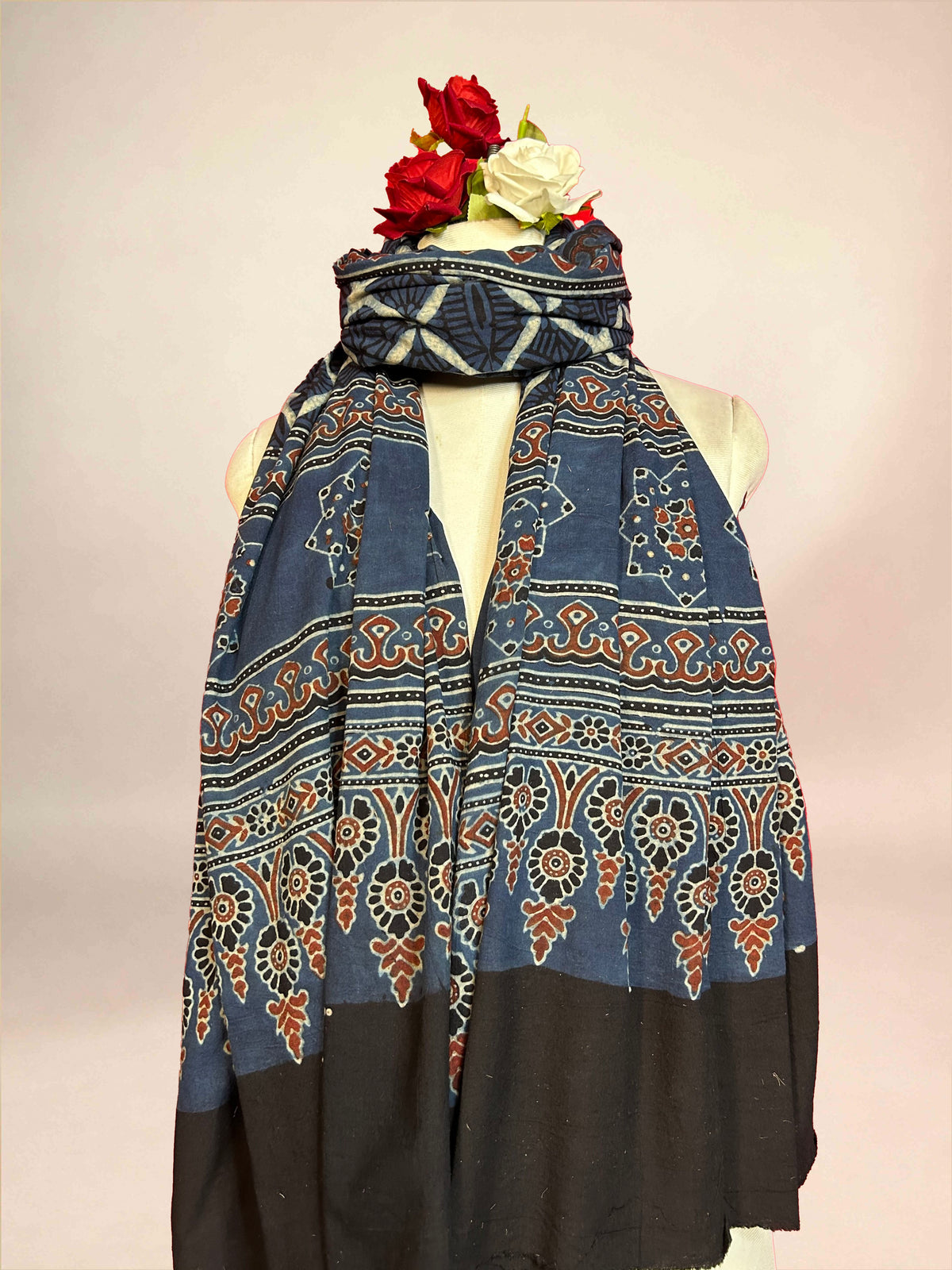 Blue Ajarkh Cotton Handblock Printed Dupatta