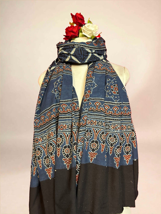 Blue Ajarkh Cotton Handblock Printed Dupatta