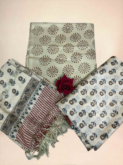 Soft Ivory Chanderi Handblock Printed Suit Set