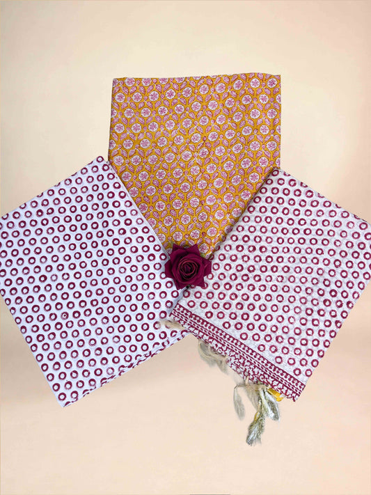 Mustard Yellow Chanderi Handblock Printed Suit Set