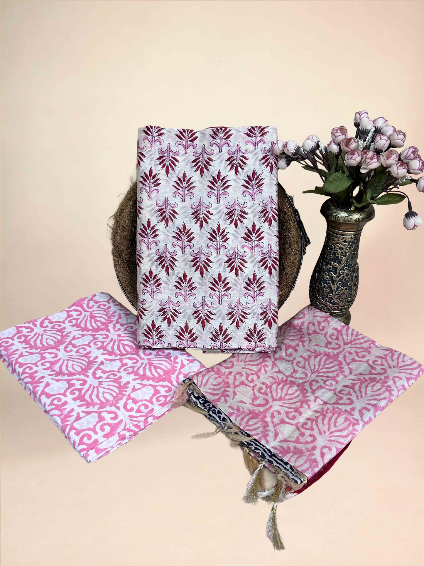 Multicolor Chanderi Handblock Printed Suit Set | Blush Pink