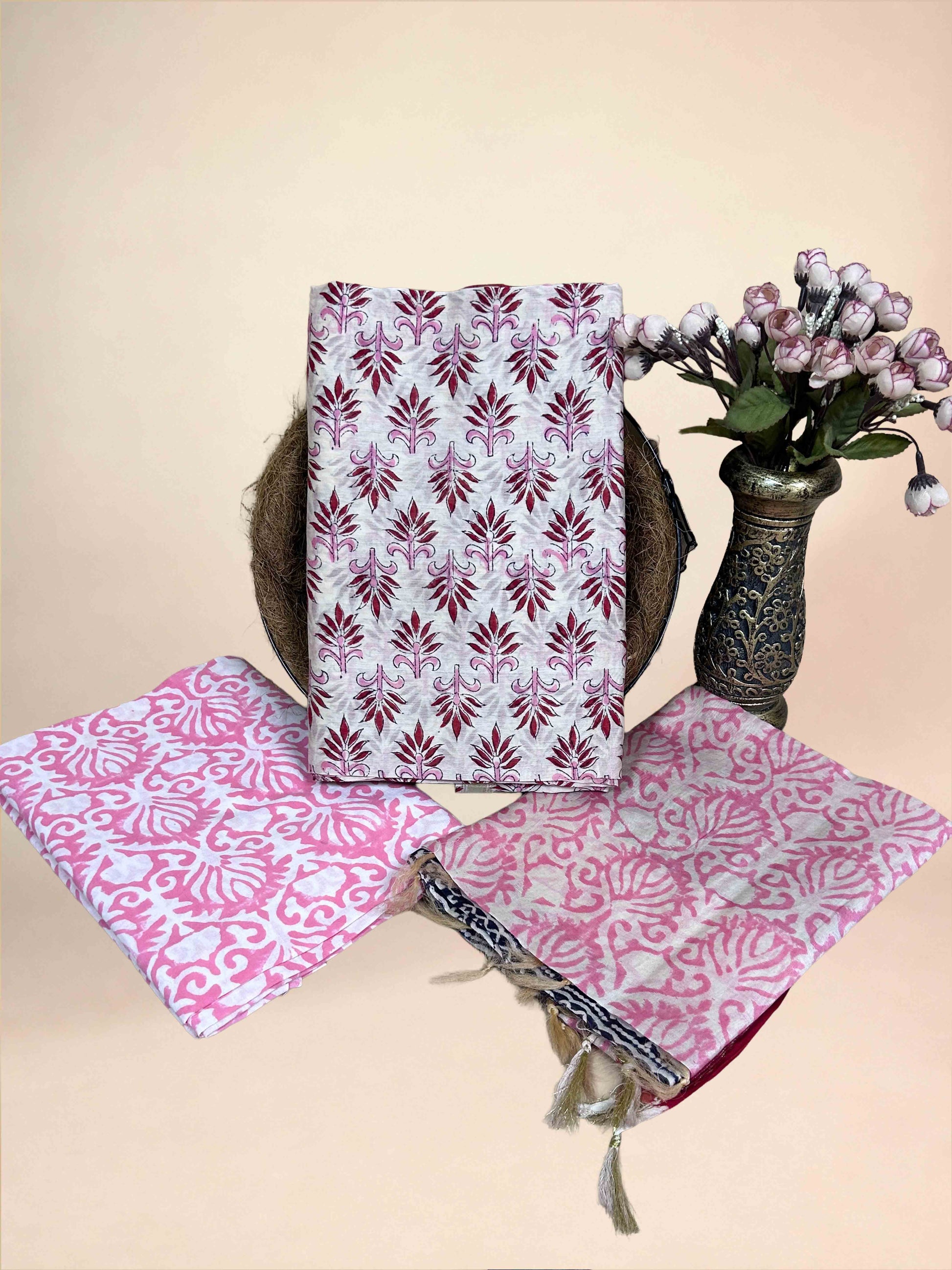Multicolor Chanderi Handblock Printed Suit Set | Blush Pink