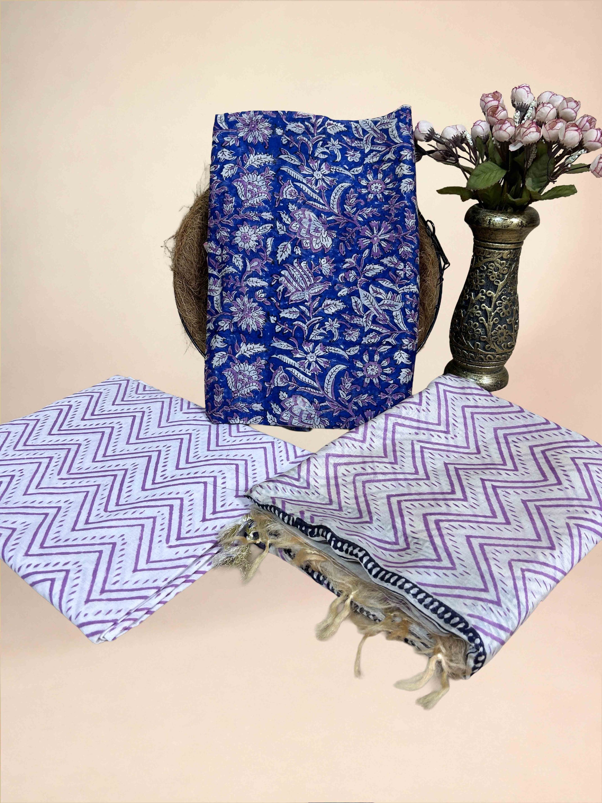 Multicolor Chanderi Handblock Printed Suit Set | Royal Blue