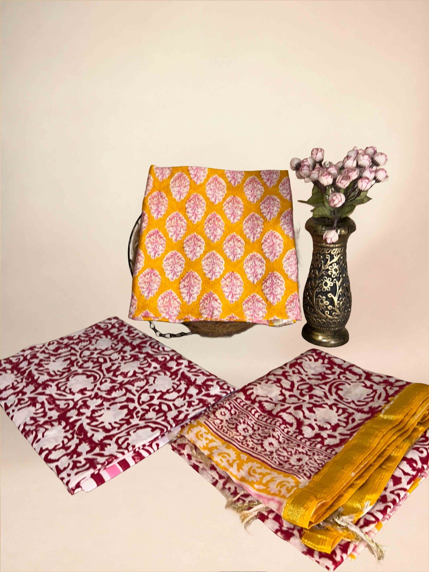 Multicolor Chanderi Handblock Printed Suit Set | Rani Pink