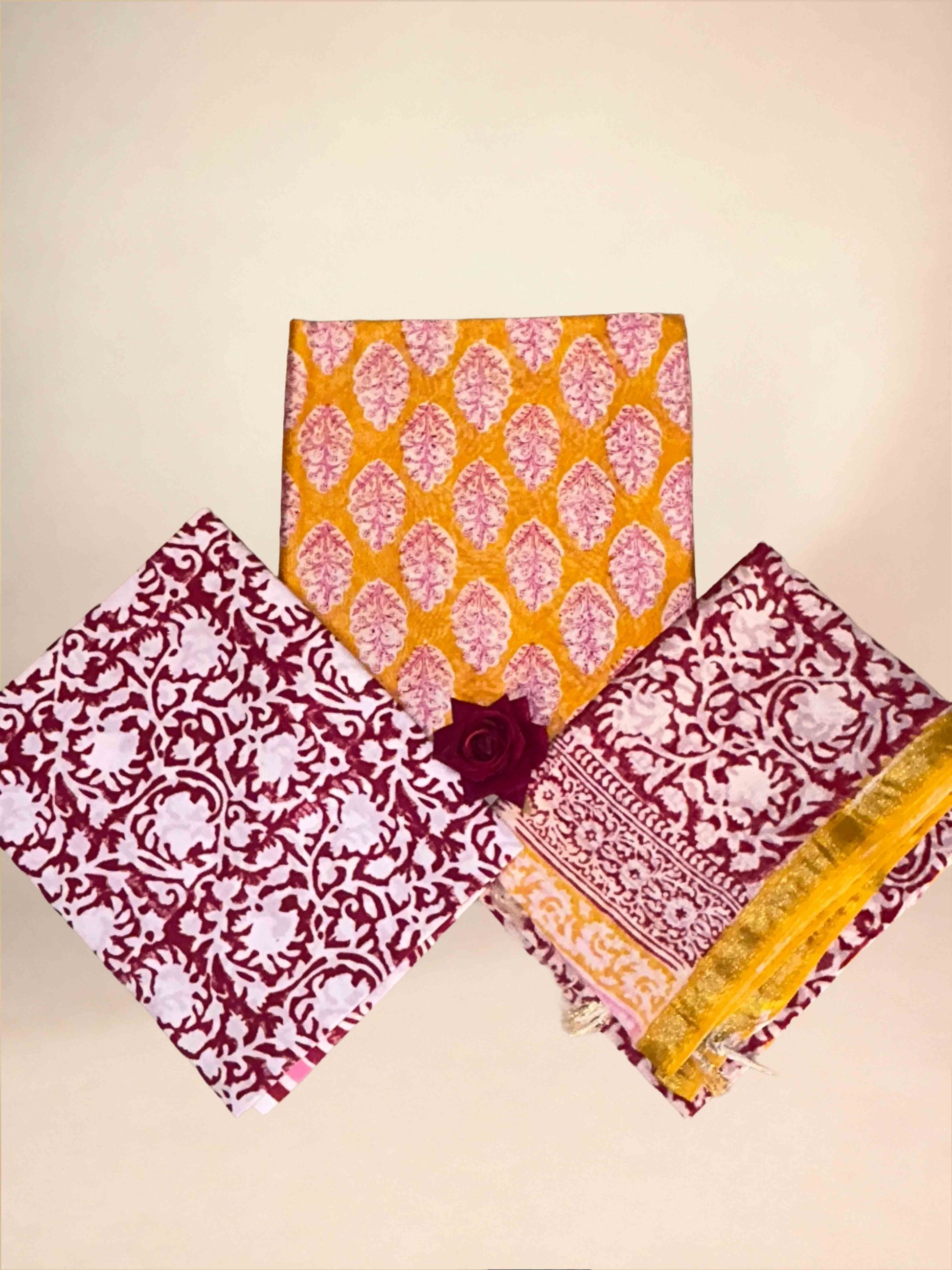 Multicolor Chanderi Handblock Printed Suit Set | Rani Pink