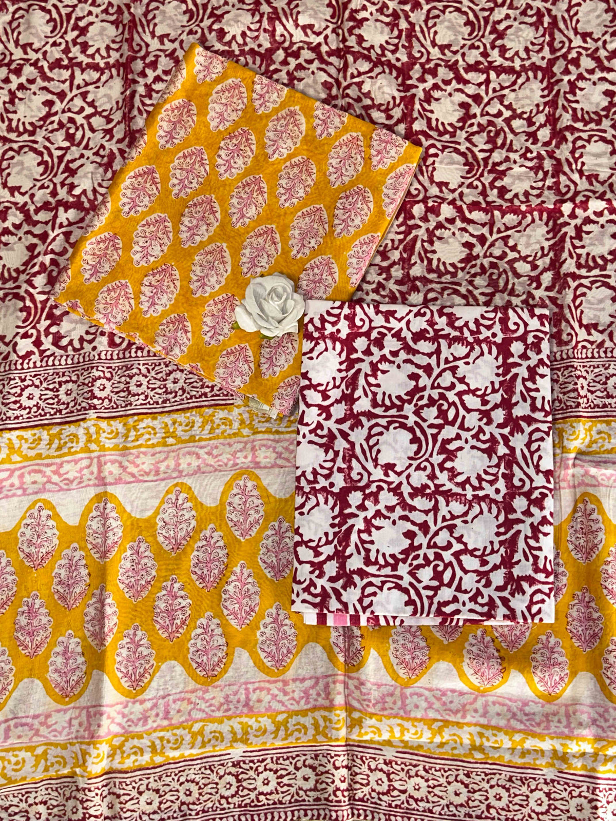 Multicolor Chanderi Handblock Printed Suit Set | Rani Pink