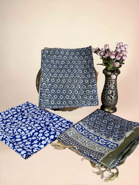 Royal Blue Chanderi Handblock Printed Suit Set