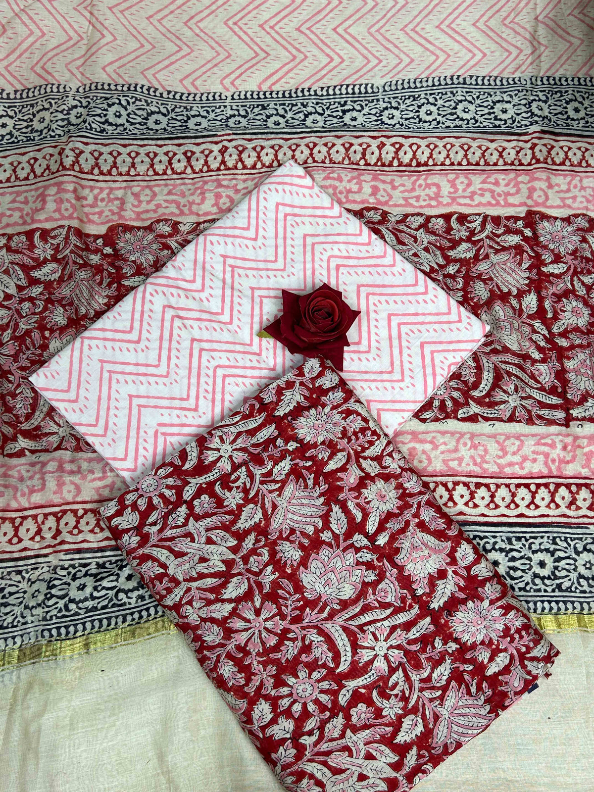 Multicolor Chanderi Handblock Printed Suit Set | Rustic Maroon