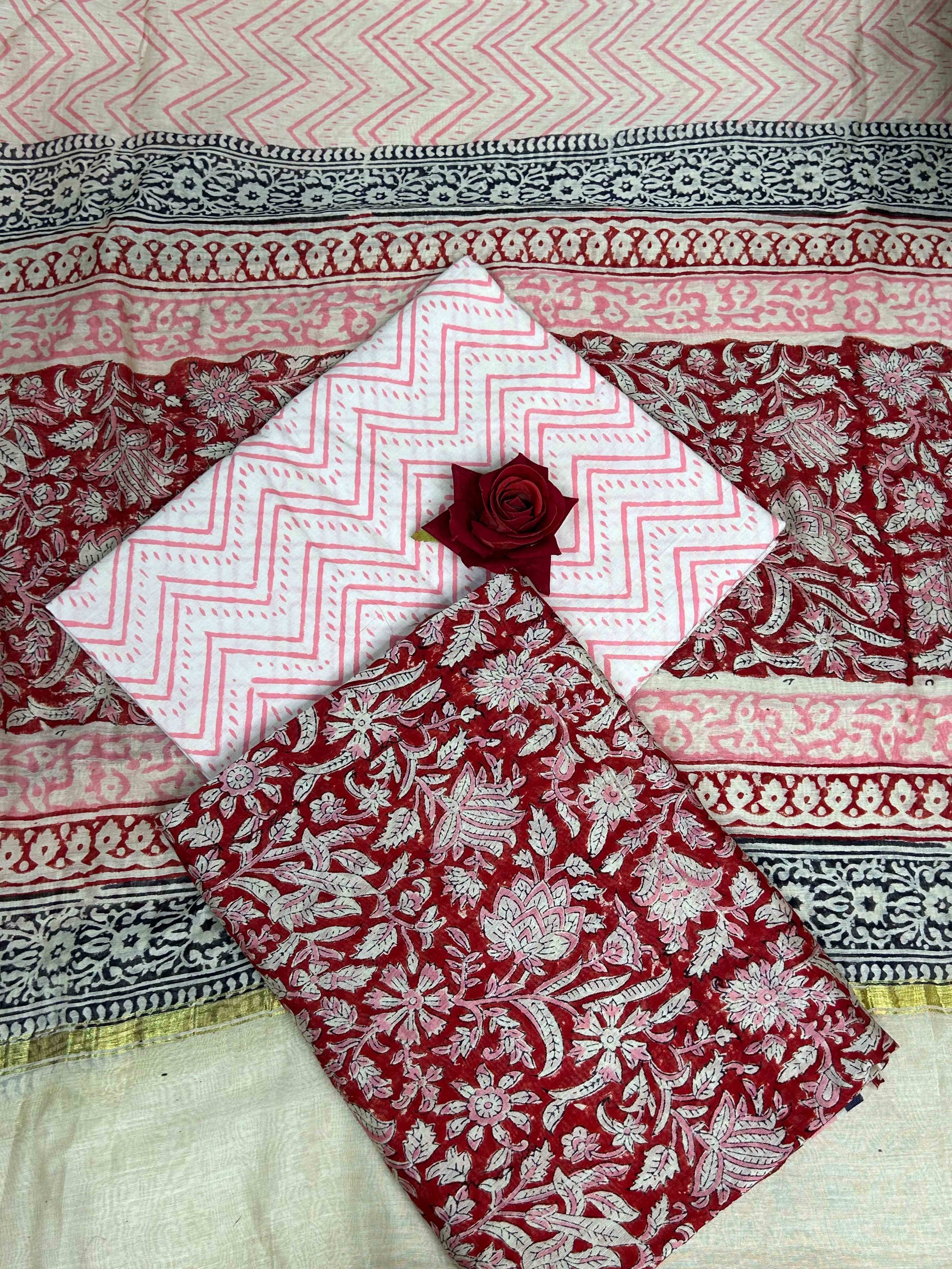 Multicolor Chanderi Handblock Printed Suit Set | Rustic Maroon